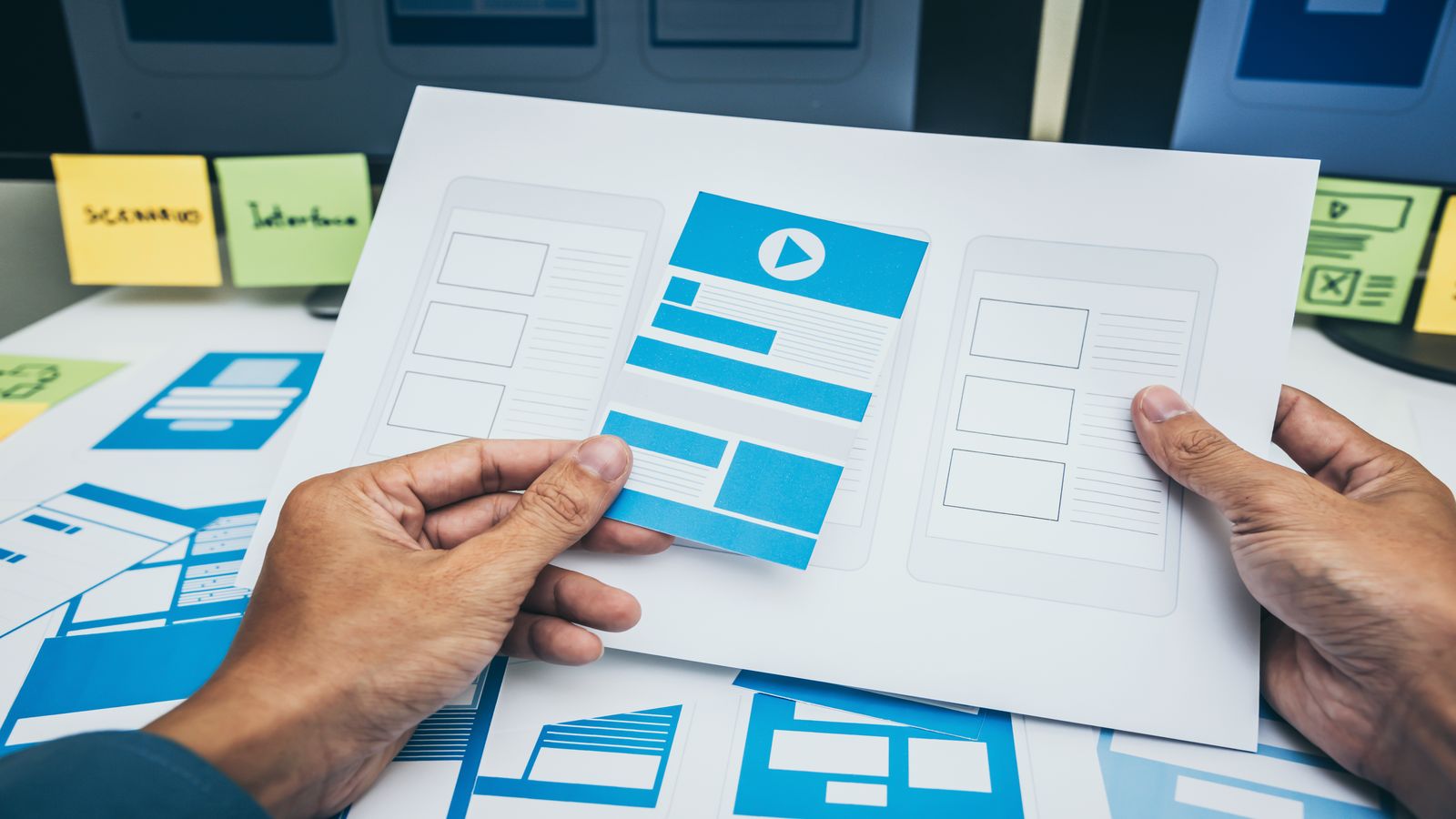 A drag-and-drop interface builder showing connected workflow blocks and a form preview